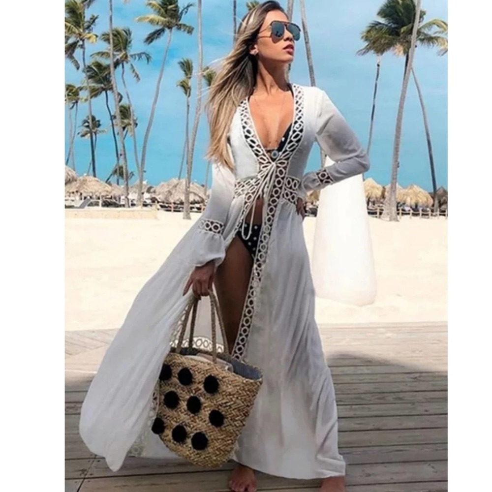 NWT White Linen Like Long Sleeve sheer tie front swim crochet Boho coverup - Picture 1 of 6